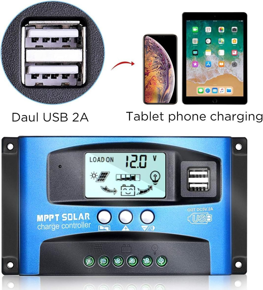 MPPT Solar Charge Controller 100A 12V/24V Auto Solar Panel Intelligent Regulator with Dual USB Port LCD Display for