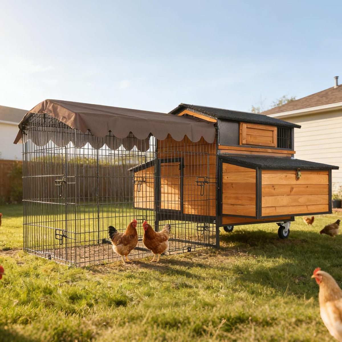 Large Chicken Coop with Run, Mobile Chicken Tractor for 6-8 Chickens, Upgraded Metal Frame Hen House with Wheels, 6