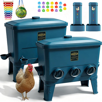 Large Automatic Port Chicken Feeder and Cup Waterer Set - Chicken Coop Accessories, No Waste Poultry Feeder, 9