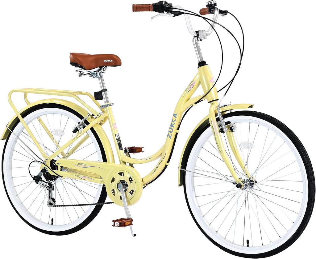 24 Inch Womens Beach Cruiser Bike 7 Speed，Womens Bicycle，Hybrid Bike Women，Womens Commuter Bicycle，High-Carbon Steel