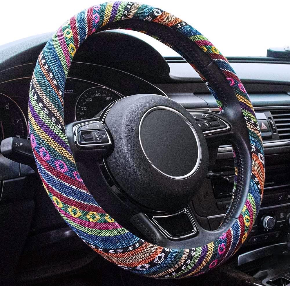 Boho Steering Wheel Cover Elastic Microfiber for Women, Universal Fit 15 inch Car SUV, Hippie Style Protector Cover
