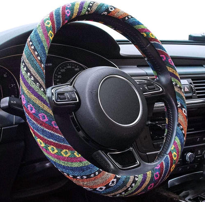 Boho Steering Wheel Cover Elastic Microfiber for Women, Universal Fit 15 inch Car SUV, Hippie Style Protector Cover