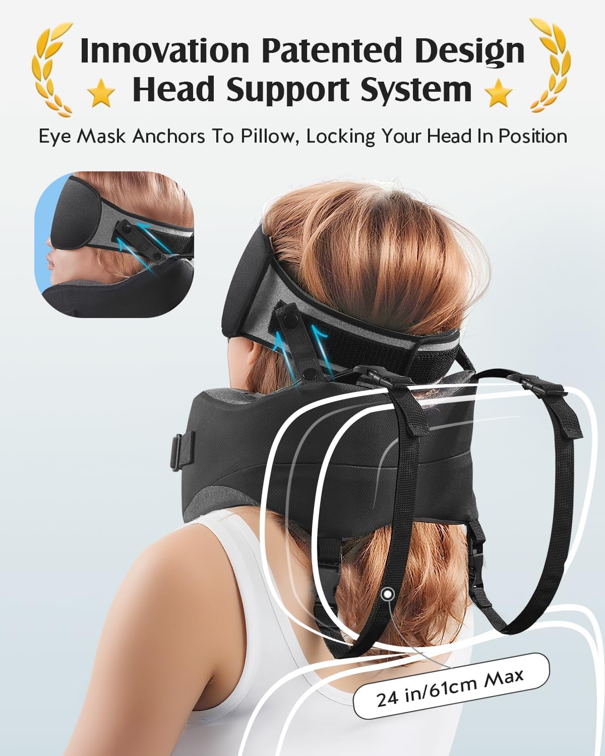 Travel Pillow for Long Flight Airplane, Head Strap Combo with 3D Contoured Sleep Eye Mask, Neck Pillow for Travel