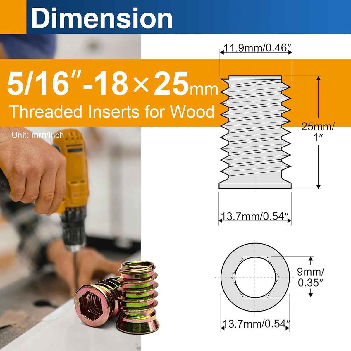25PCS 5/16"-18 x 25mm Threaded Inserts for Wood, Hex Drive Nuts