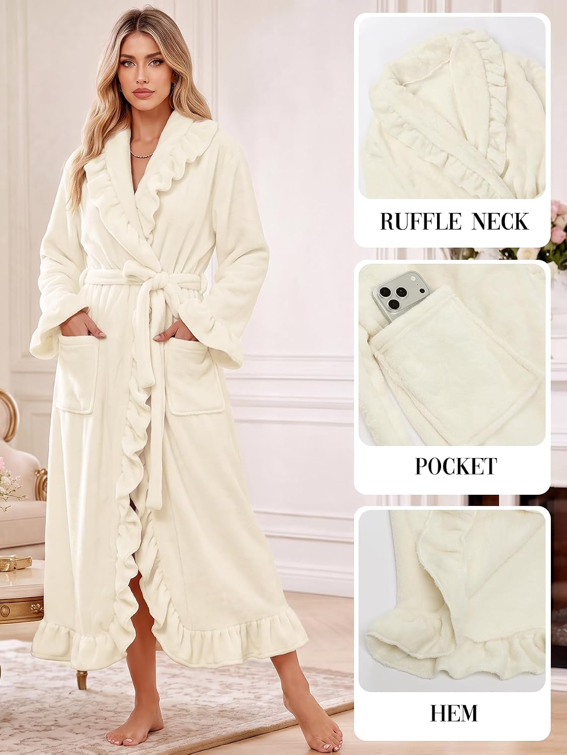Womens Fluffy Robe Ruffle Plush Fuzzy Long Bathrobes