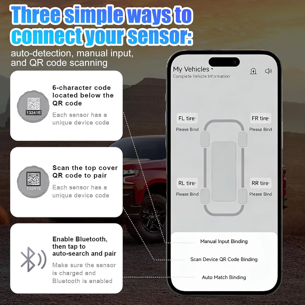 Wireless Bluetooth TPMS with 4 External Sensors for RV Trailer | Tire Pressure Monitoring System with 6 Alert Modes