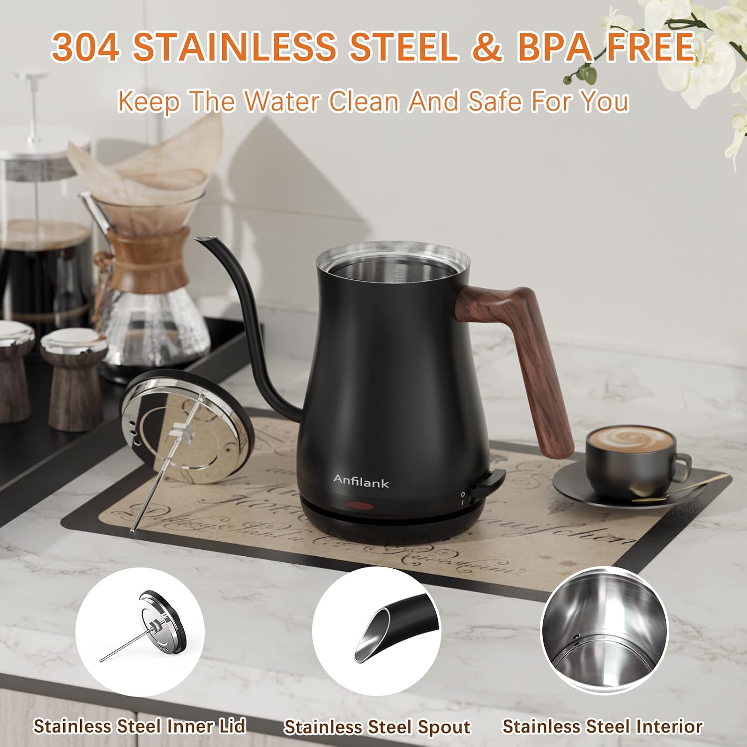 Gooseneck Electric Kettle with Thermometer, 0.8L Small Electric Tea Kettle, 1200W Fast Heat, Precision Pour for
