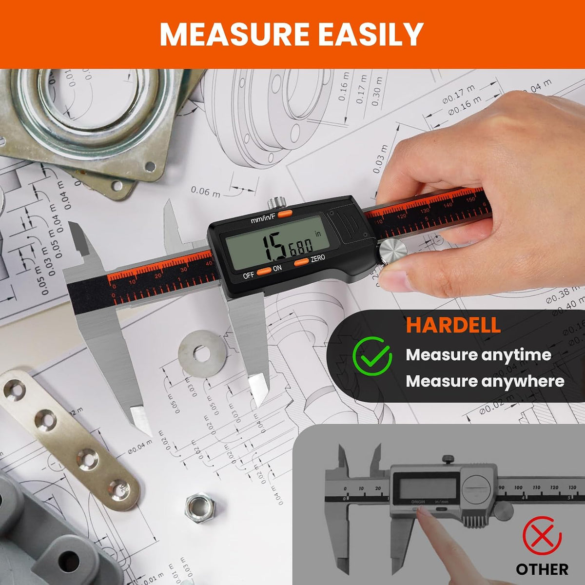 HARDELL Digital Caliper 0-8" Stainless Steel, Inch/Fractions/mm