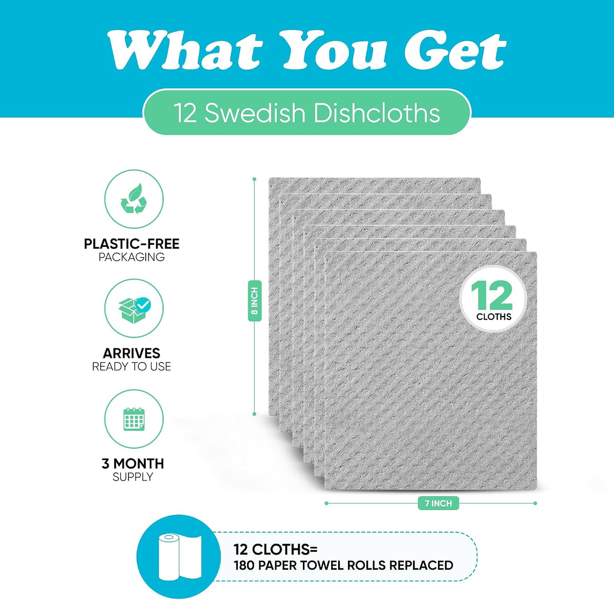 Organic Origin Swedish Dishcloths for Kitchen - Cellulose Cloths, 12 Counts