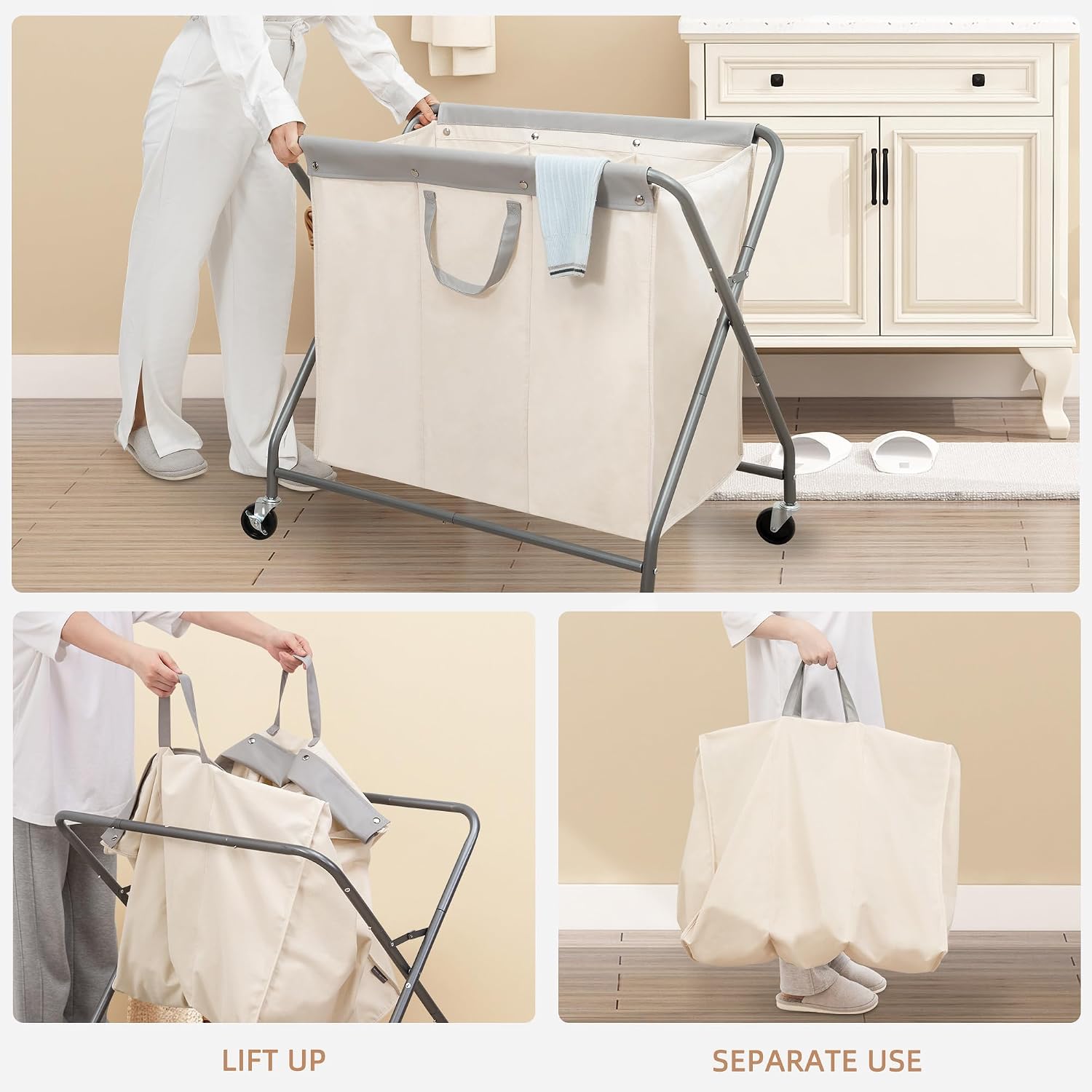 160L Collapsible Laundry Hamper with Wheels, Rolling Laundry Basket, Heavy Duty Cloth Sorter with Removable Bag