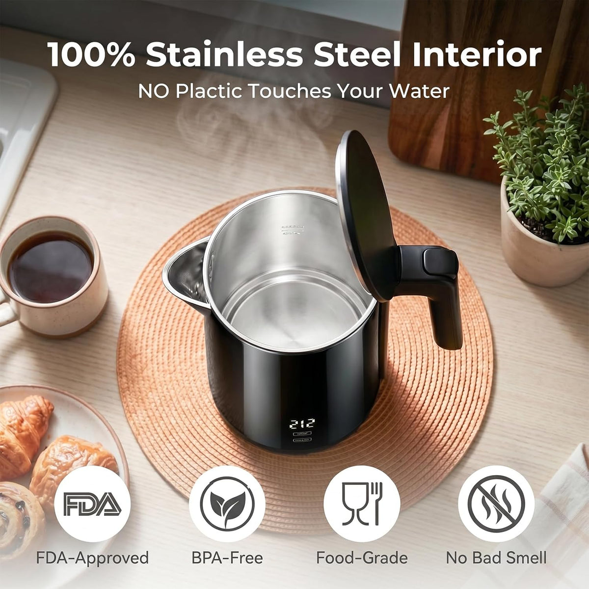 Electric Kettle 1.0L, 1200W Fast Boiling, 7 Temp Settings & 4H Keep Warm | Stainless Steel Inner, BPA-Free, Auto