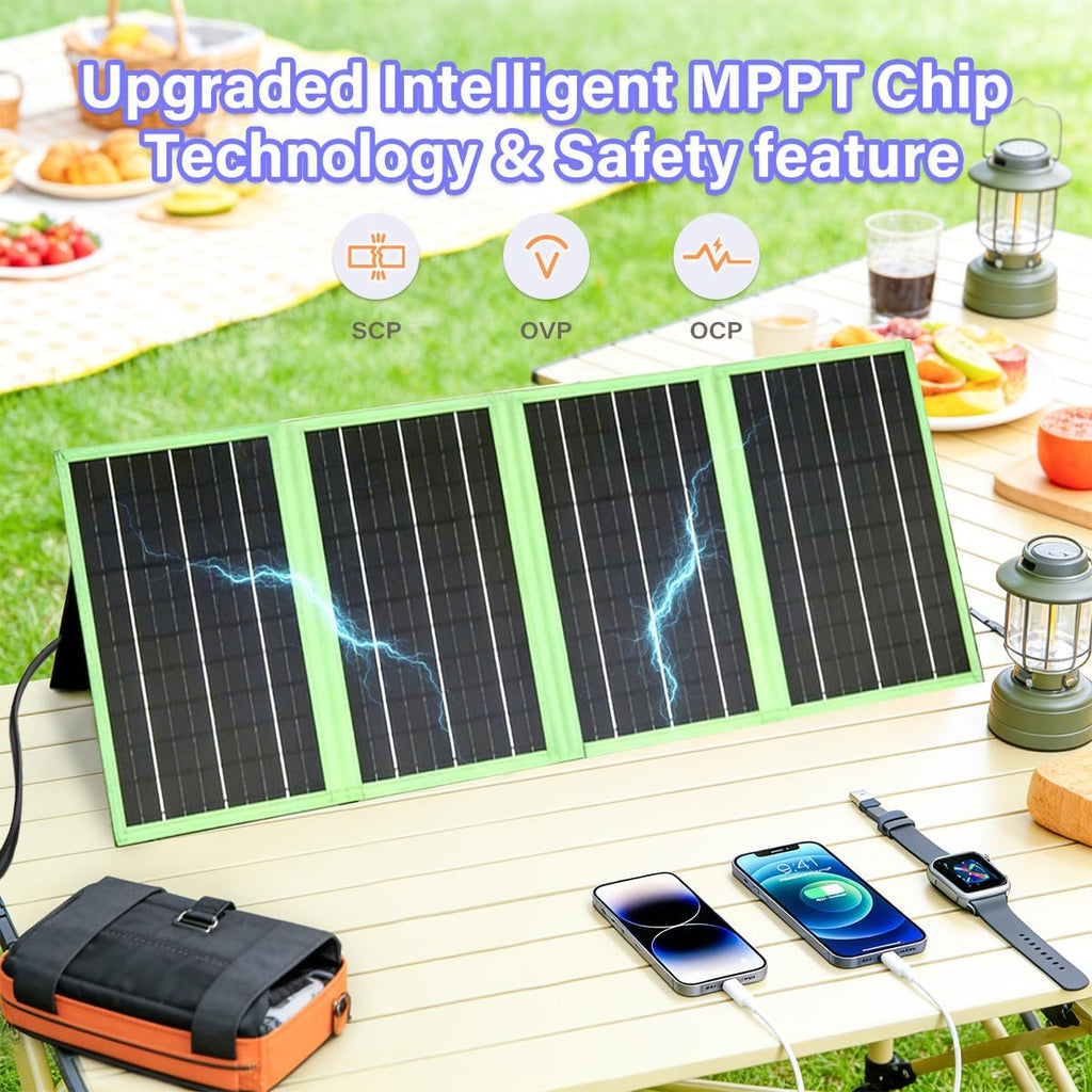 60W Portable Solar Panel Charger with USB-C, USB-A, DC Port, GOLUMU Outdoor IP67 Waterproof Foldable Solar Phone