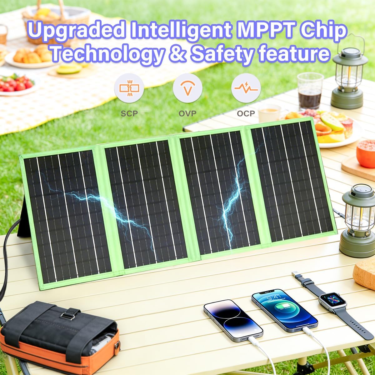 60W Portable Solar Panel Charger with USB-C, USB-A, DC Port, GOLUMU Outdoor IP67 Waterproof Foldable Solar Phone