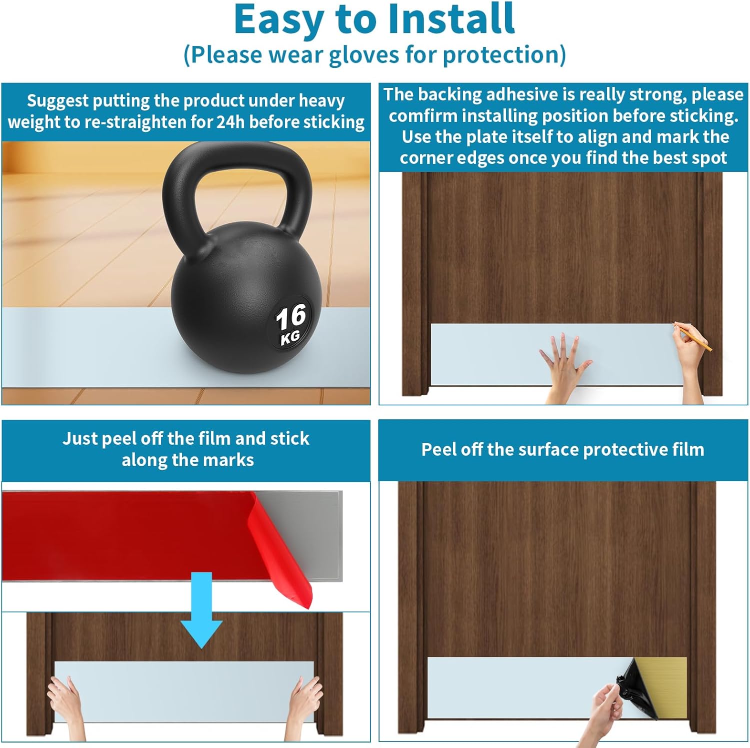 Stainless Steel Door Kick Plate, 6" x 34" Door Push Plate, Self Adhesive Kickplate for 36" Doors Interior or Exterior