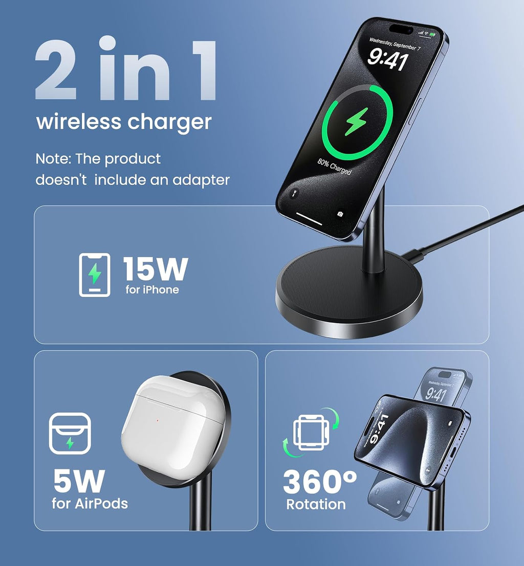 Magnetic Wireless Charger iPhone, 2 Pack 15W Fast Mag-Safe Charger Stand for iPhone 17/17 Air/17 Pro/17 Pro Max