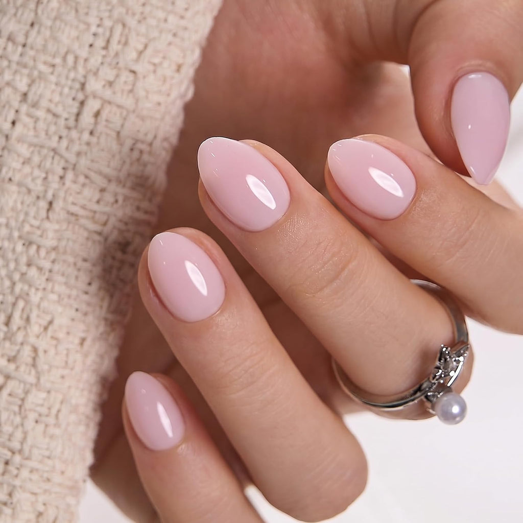 Extra Short Almond Press On Nails, Blush Veil Nude Pink, Soft Gel