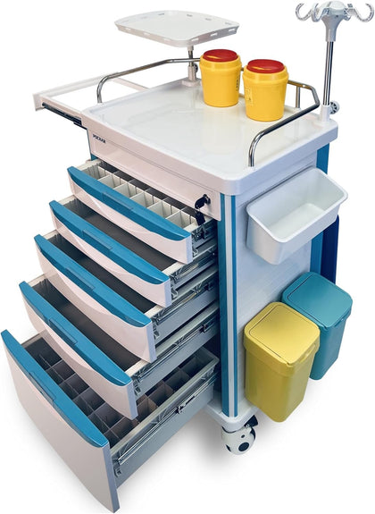 Medical Crash Cart with Emergency Accessory | 5-Tier Medical Storage Crash Cart with 4 Silent Wheels & 2 Trash Cans