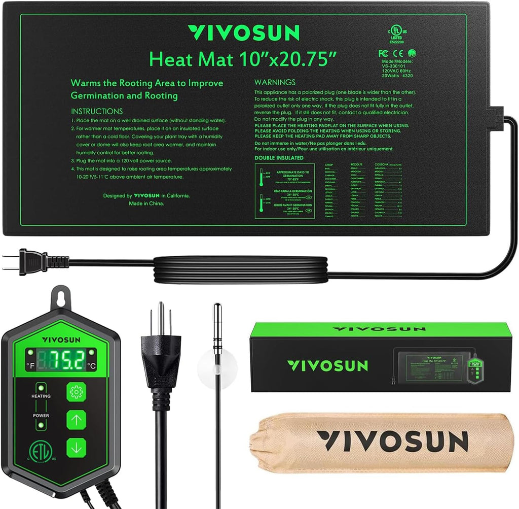 10"x 20.75" Seedling Heat Mat and Digital Thermostat Combo Set | UL & MET-Certified Warm Hydroponic Heating Pad for