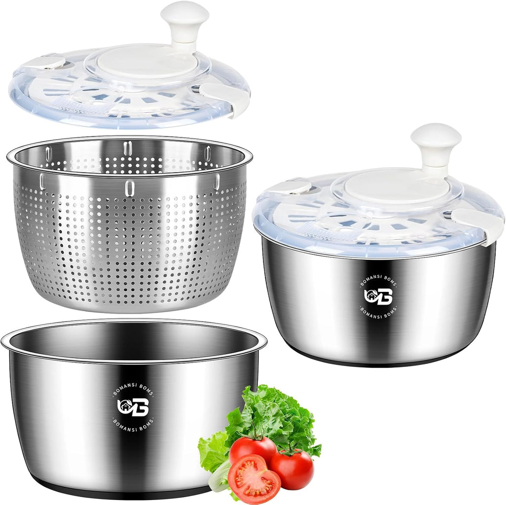 5.3 Qt Stainless Steel Salad Spinner, BOMANSI BOMS Large Salad Spinners Vegetable Spinner, Lettuce Spinner, Fruit