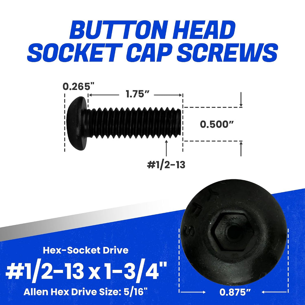 Fastenere Button Head Socket Cap Screws - 1/2-13 x 1-3/4" (5-Pcs) Alloy Steel, Fully Threaded, Fine Black Oxide Finish, Corrosion-Resistant, Machine Thread, Easy to Install w/Allen Hex Drive