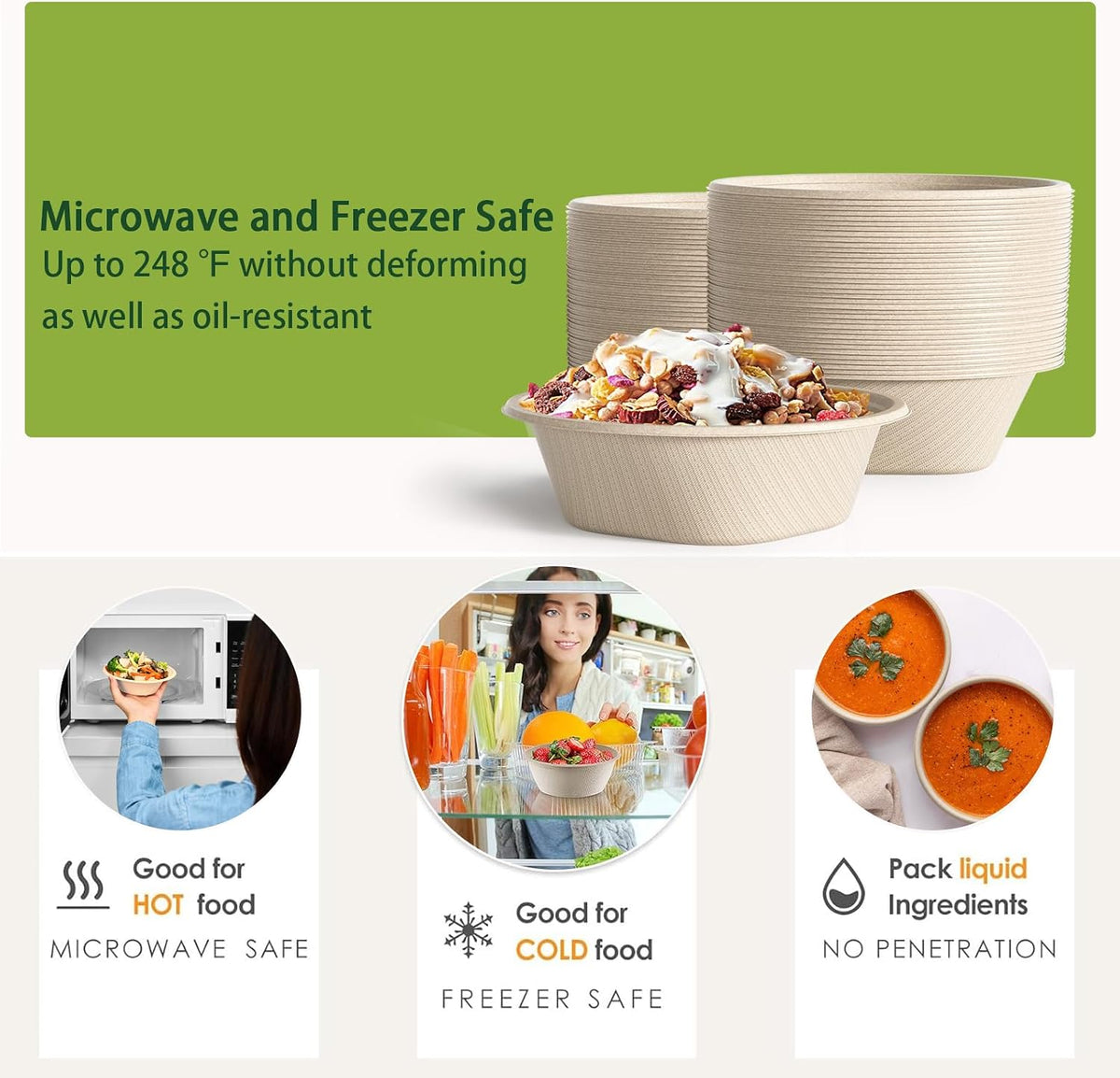 24 Oz Disposable Bowls, [100 Pack] Paper Bowls Disposable - Heavy Duty and Eco-friendly Sugarcane and Bamboo Bagasse