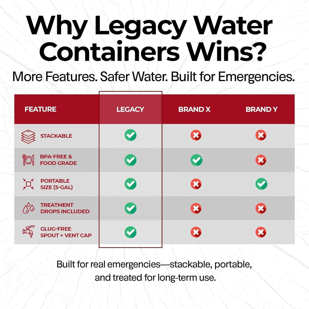 Legacy Food Storage Emergency Water Storage Containers, Long Term 5 Gallon Water Tank - 4 Stackable Food Grade Tanks