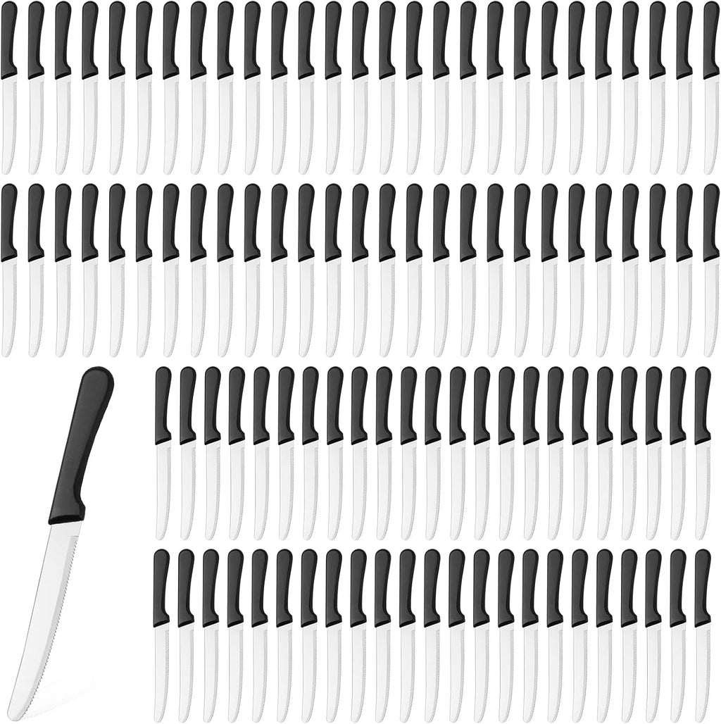 100 Pcs Steak Knives Bulk 8.39 Inch Rounded Serrated Blade, Black