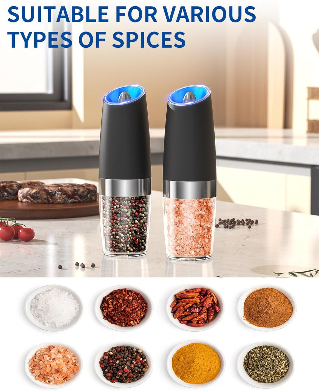 Gravity Electric Salt and Pepper Grinder Set Automatic Salt and Pepper Grinder Set with LED Light, Battery Operated