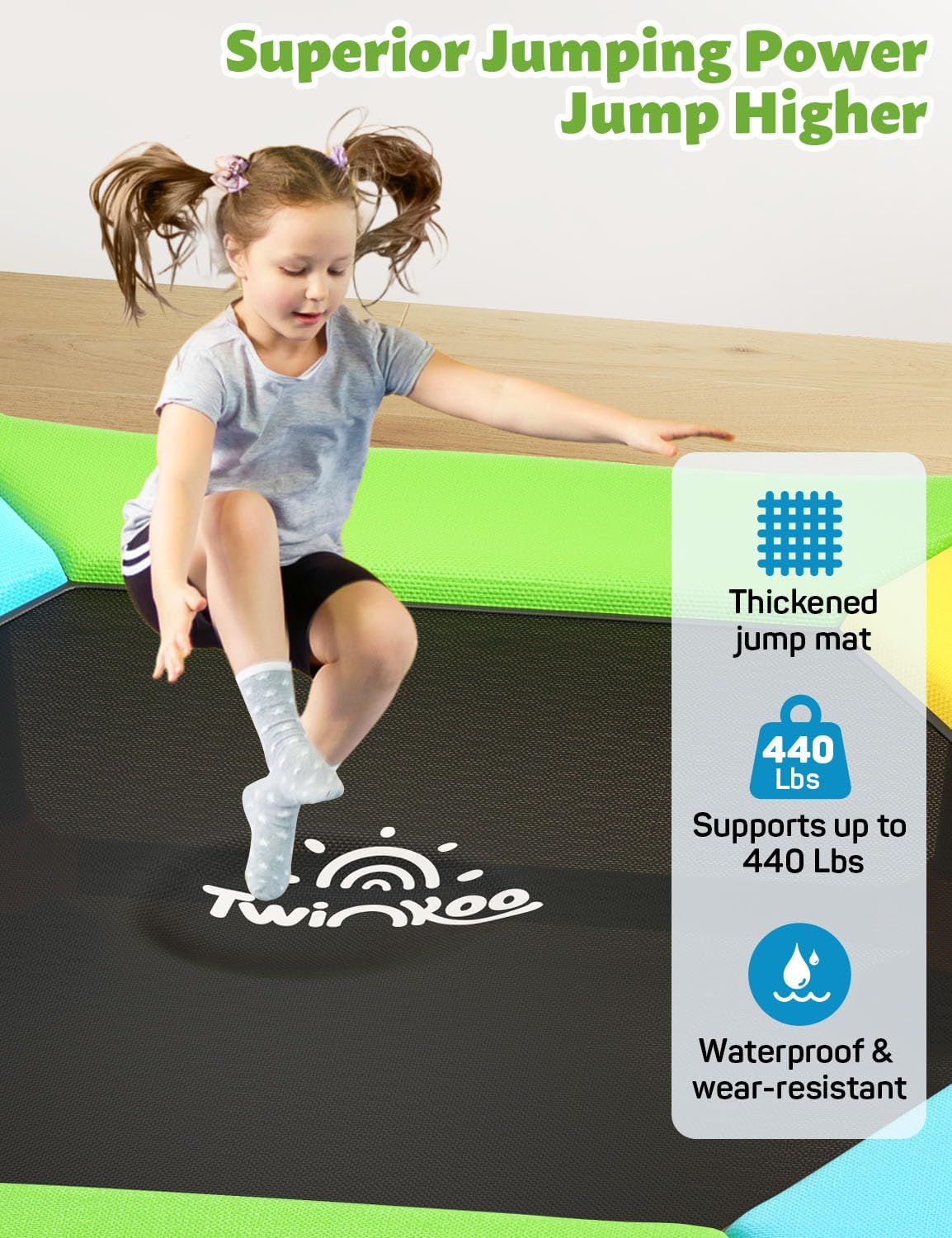 Toddler Trampoline for Kids with Foam Handle, Anti-Tilt Frame & Thick Padded Spring Cover, Indoor Outdoor Mini