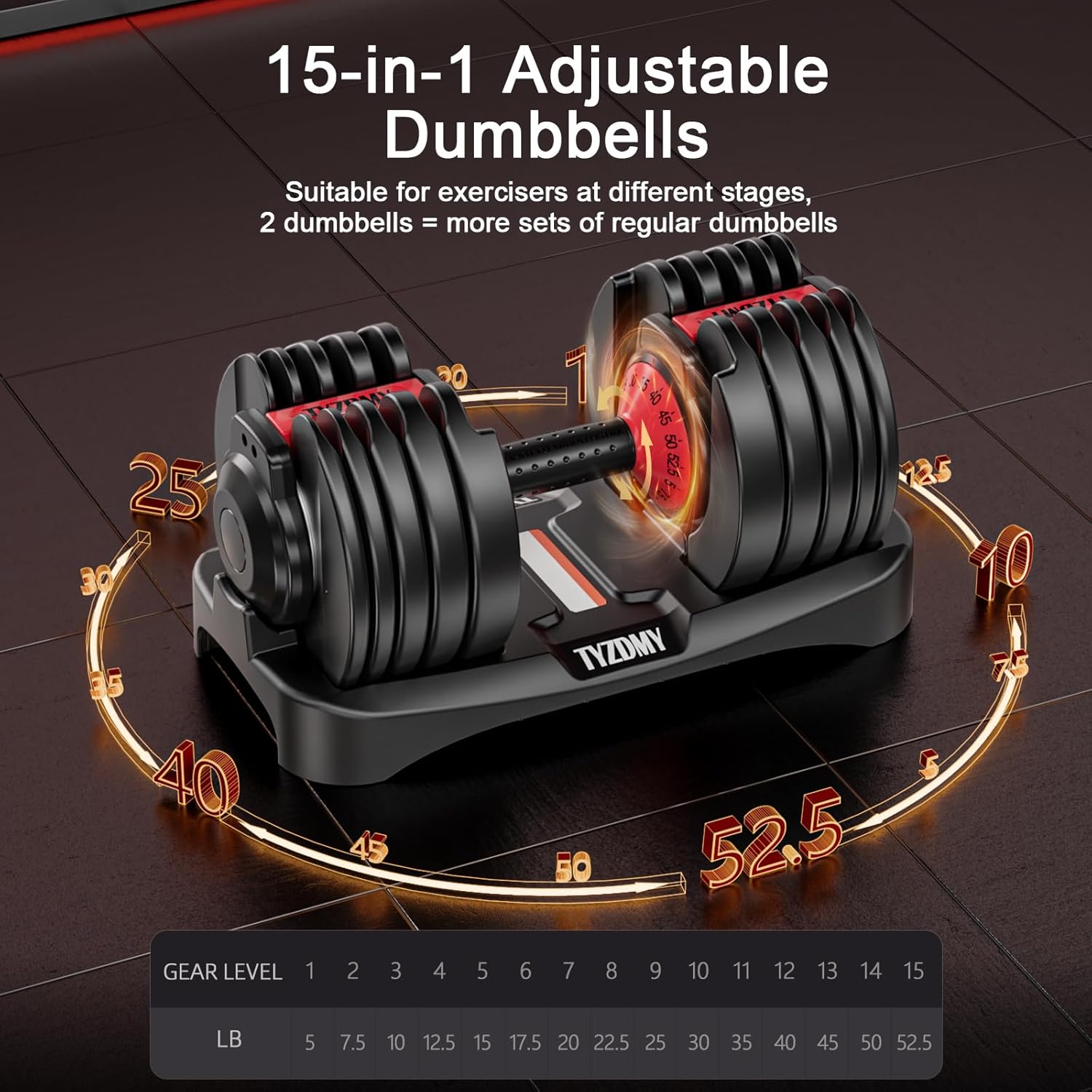 Adjustable Dumbbells Set of 2，Free Weights Dumbbells Set，Adjustable Dumbbell Set，52.5 lbs pair 105 lbs，15 in 1，for