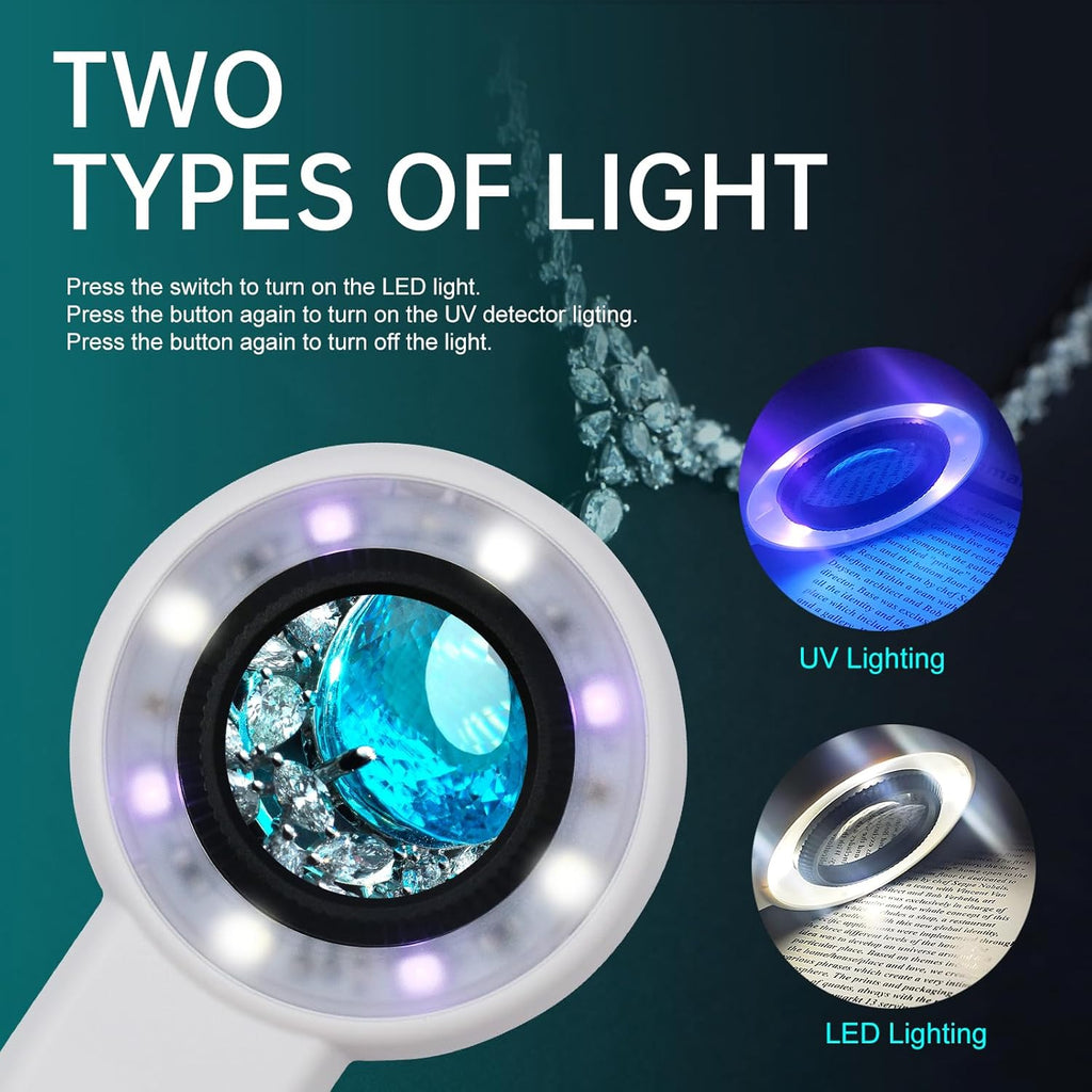 Handheld Magnifier 60X with UV&LED Lights Jeweler Loups Magnifying Glass with 30mm Optical Lens, Touch Light Control