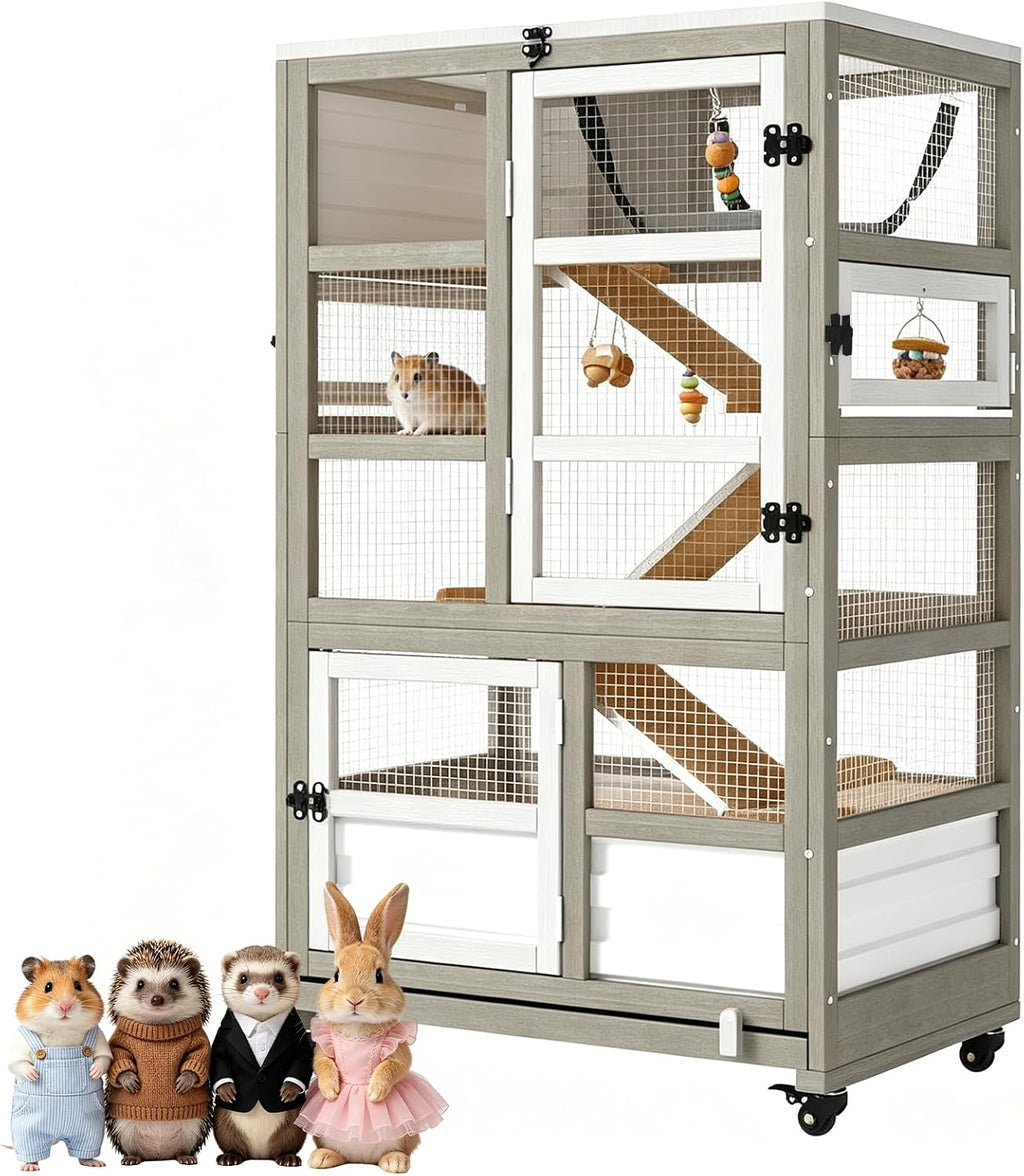5-Tier Guinea Pig Cages on Wheels, Wooden Chinchilla Cage | Wooden Small Animal Habitat with Ramp, Hammock, Pull-Out