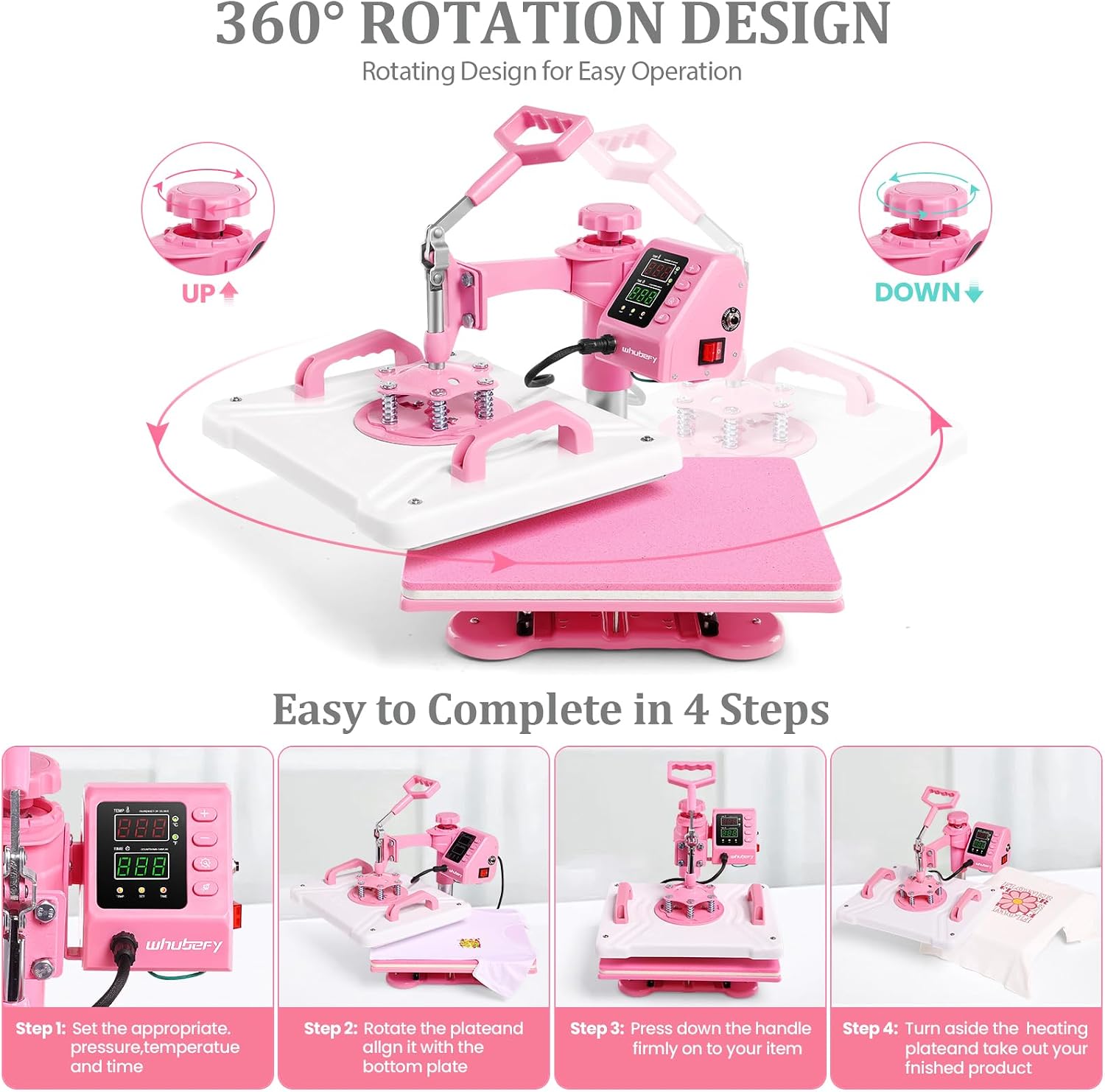 Heat Press 12x15, 5 in 1 Heat Press Machine 360° Swing Away, Pink Sublimation Heat Press Digital Heat Transfer with
