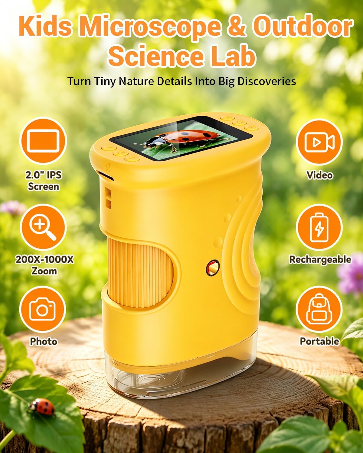1000X Digital Handheld Microscope for Kids Portable Outdoor Toys & Gifts | 2.0" IPS Screen Magnifier, STEM Science