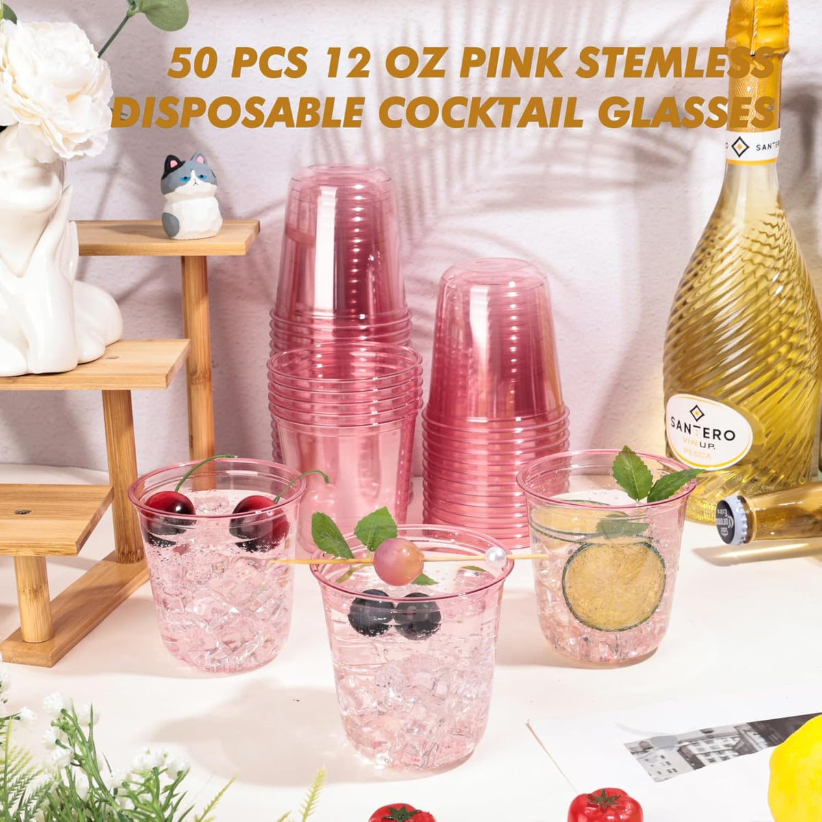 50Pcs 12oz Pink Plastic Party Cups, Disposable Wine Cocktail Cups