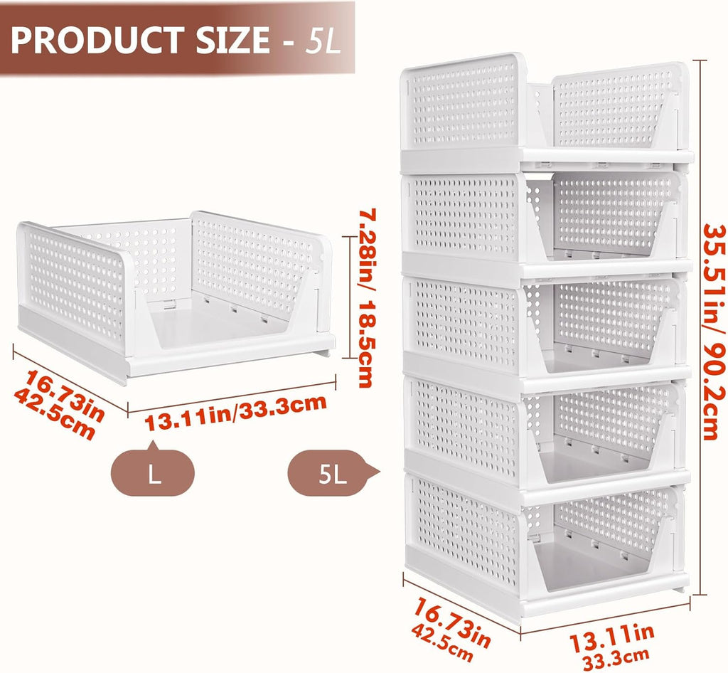 5 Pack Closet Organizers Storage Box, Closet Storage Stackable Storage Bins, Plastic Drawer Basket for Wardrobe