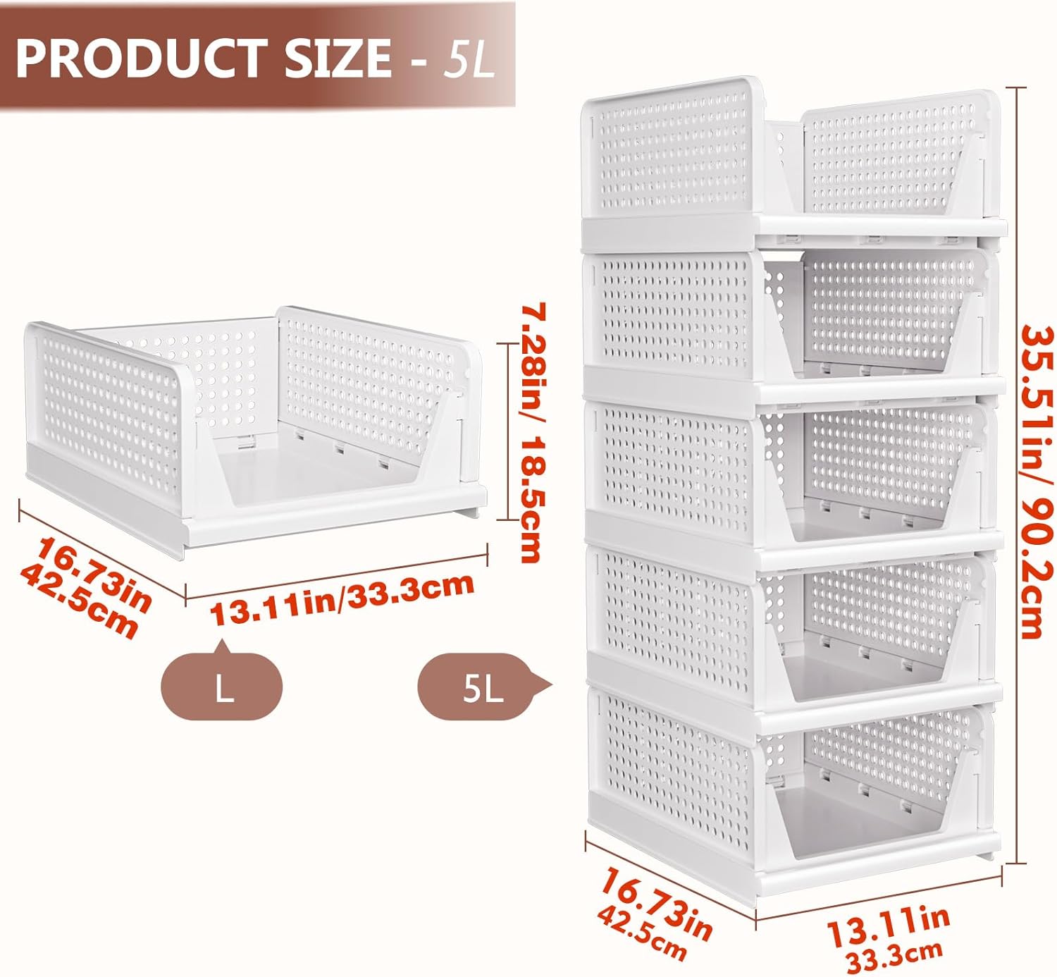 5 Pack Closet Organizers Storage Box, Closet Storage Stackable Storage Bins, Plastic Drawer Basket for Wardrobe