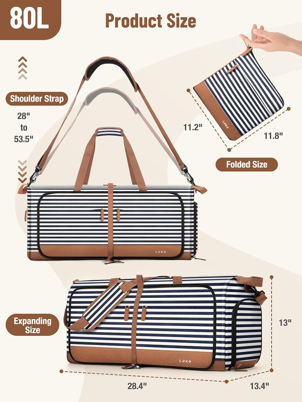 Foldable Travel Duffle Bag for Women, 80L Large Duffel Bag with Separate Shoes Compartments & Straps, Carry On