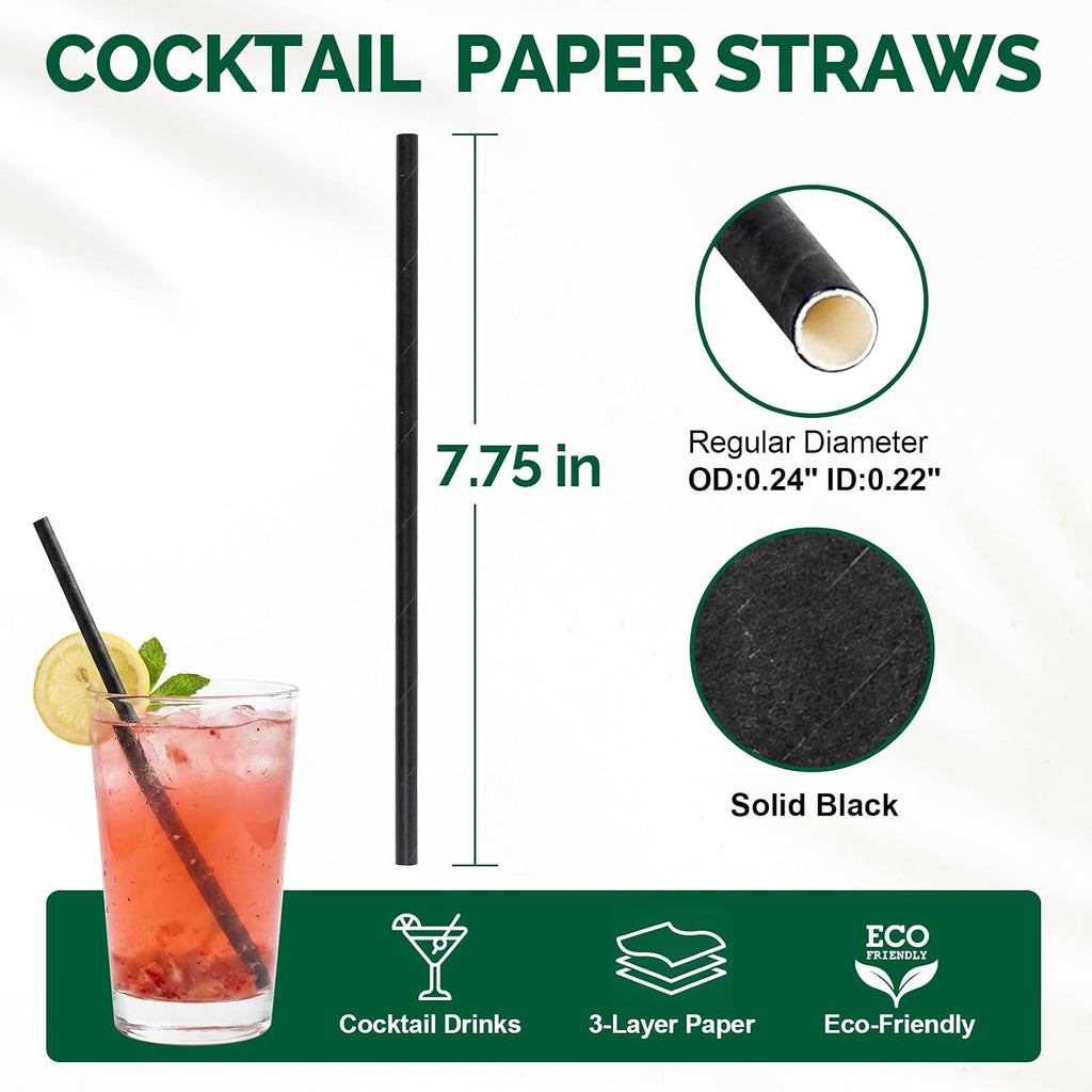7.75" Black Paper Straws Drinking Cocktail Drink 250 ct Disposable