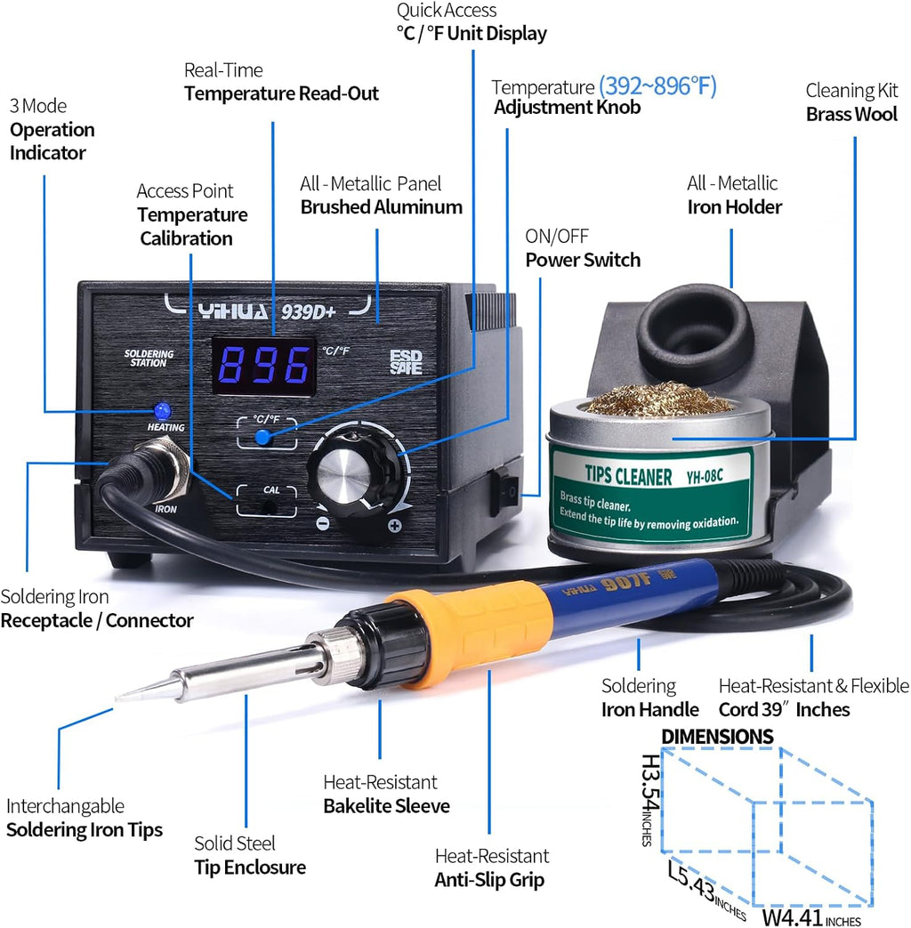 939D+ Digital Soldering Station, 75W Equivalent with Precision Heat Control (392°F to 896°F) and Built-in