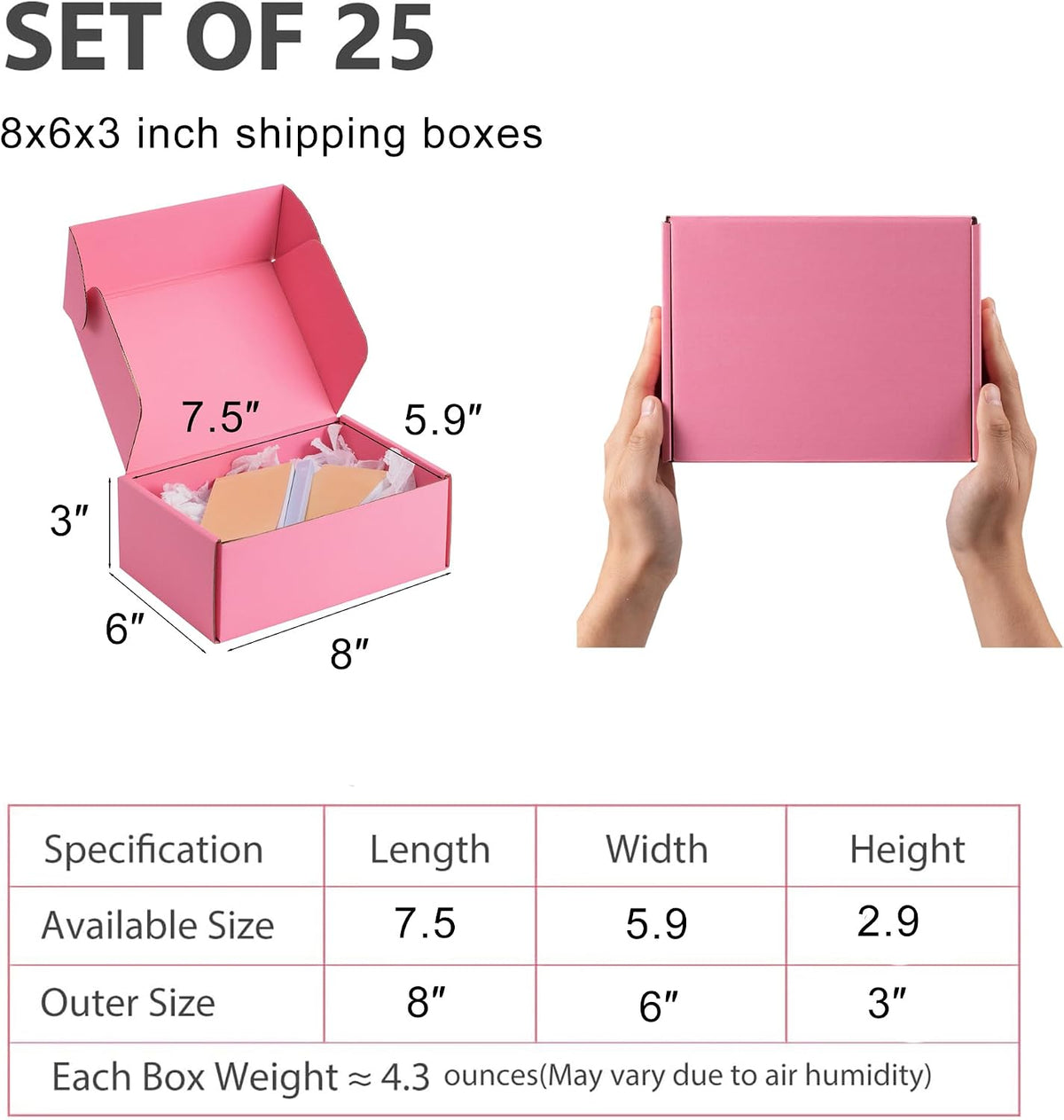 8x6x3 inch Pink Shipping Boxes for Small Business- Set of 25