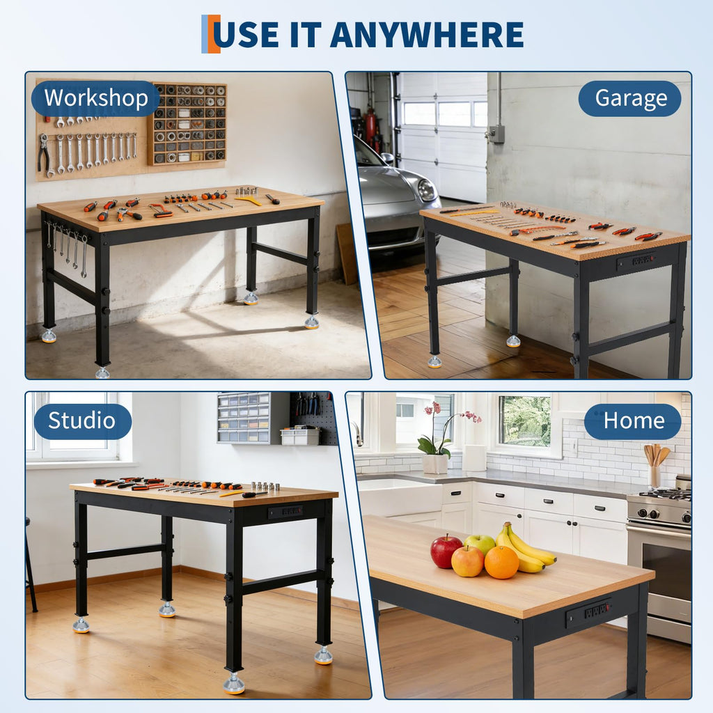 60" Adjustable Workbench with Power Outlet, 2000 LBS Work Bench, 60" x 24"