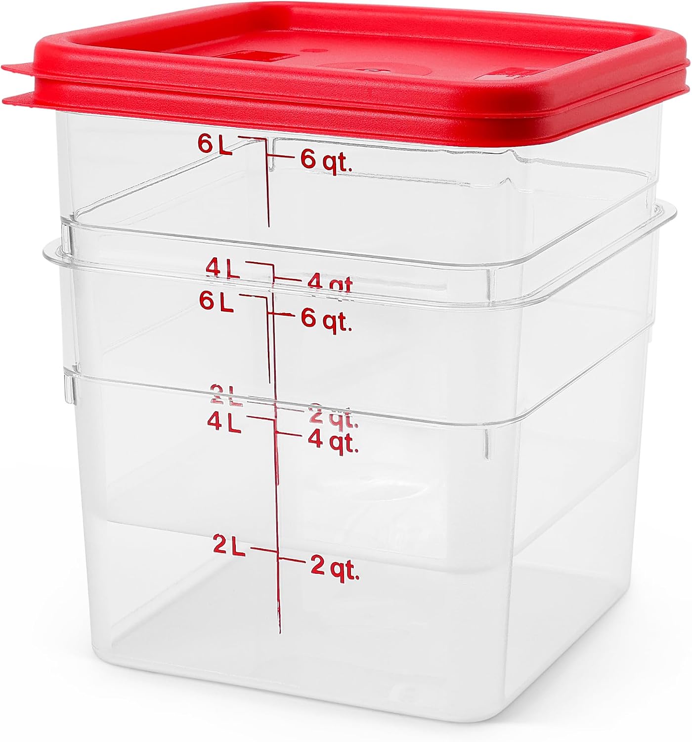 Food Storage Container with Lid - 6 QT (Quart) Square, Classic Series with Red Lid, Commercial Grade for Food Prep