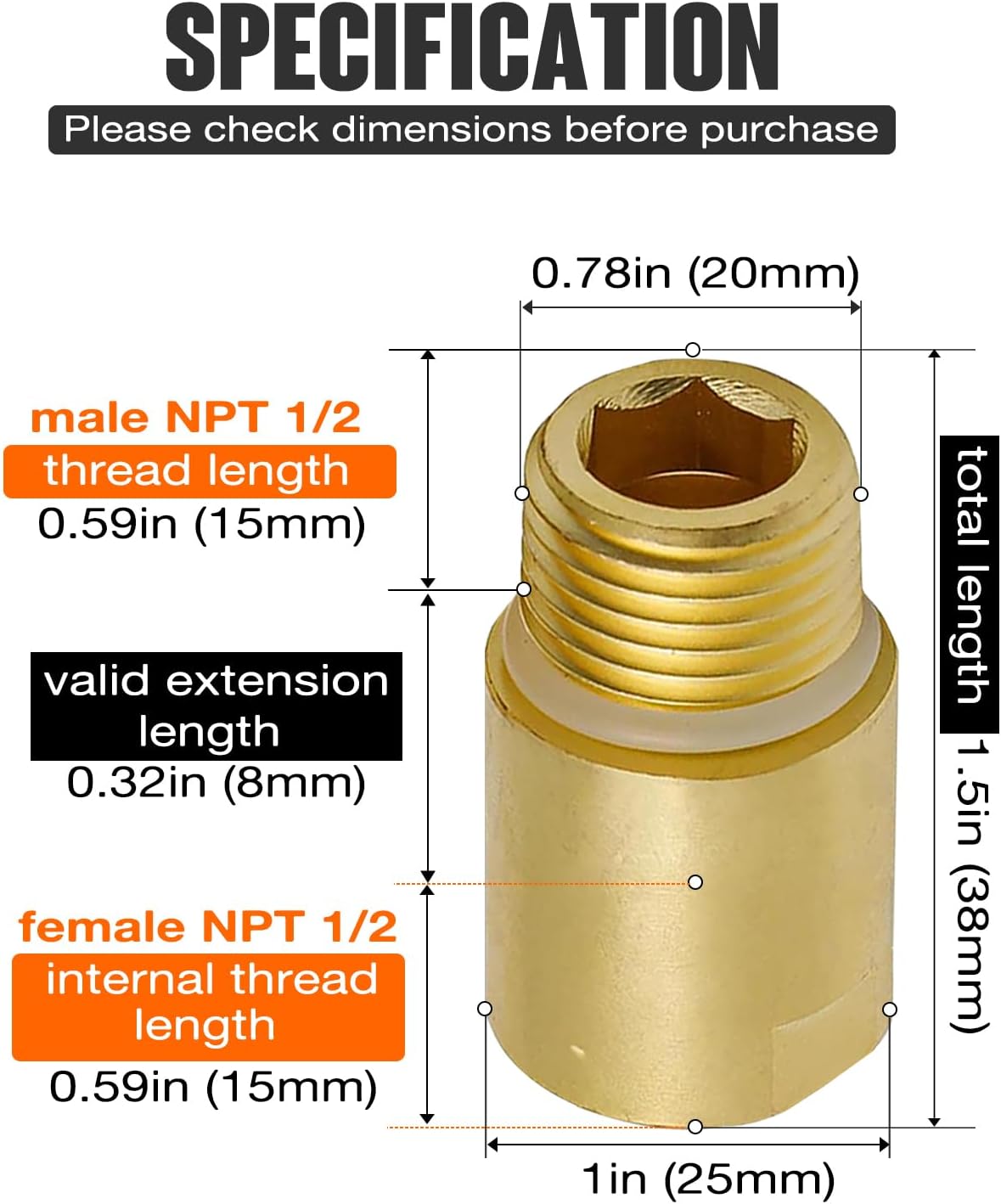 [2-pack] Upgrade Brass Pipe Plumbing Extender Adapter with Rubber O-ring, 1/2" NPT Male x 1/2" NPT Female Pipe