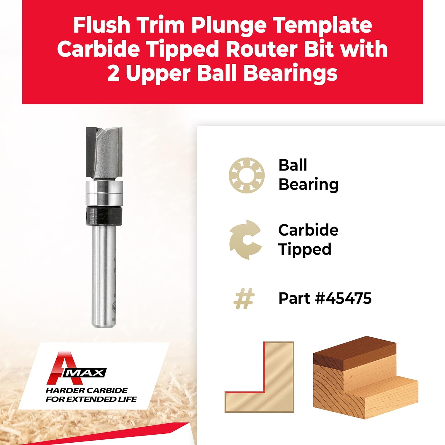 45475 Carbide Tipped Flush Trim Plunge Template Router Bit 3/8 Dia x 1/2 x 1/4 Inch Shank with 2 Upper Ball Bearings
