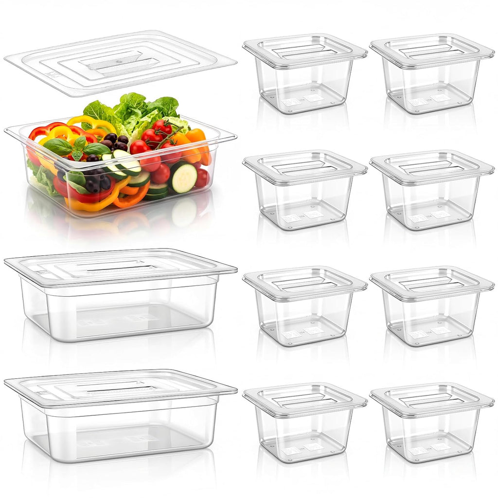 10 Pack Plastic Clear Food Pans with Lids, Stackable and Freezer Safe Commercial Food Storage Containers for Fridge