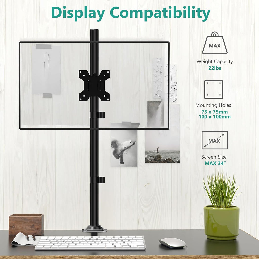 Tall Monitor Arm Mount for Desk for 13-34 inch Screens, 22 lbs per Arm | Single Extra Tall Monitor Mount, Full Motion