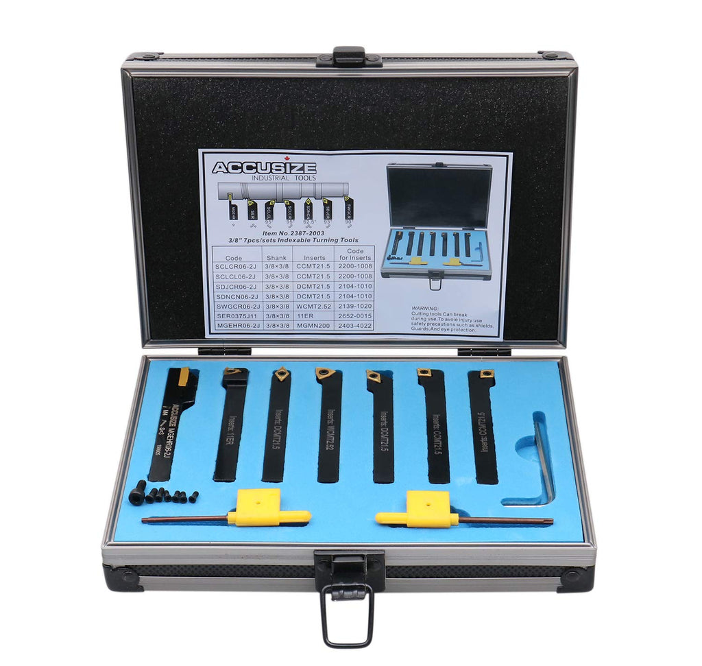 Accusize Industrial Tools 3/8'' Shank 7pc Indexable Carbide Turning Tool Set with TiN‑Coated Inserts, for Cutting Steel, 2387‑2003
