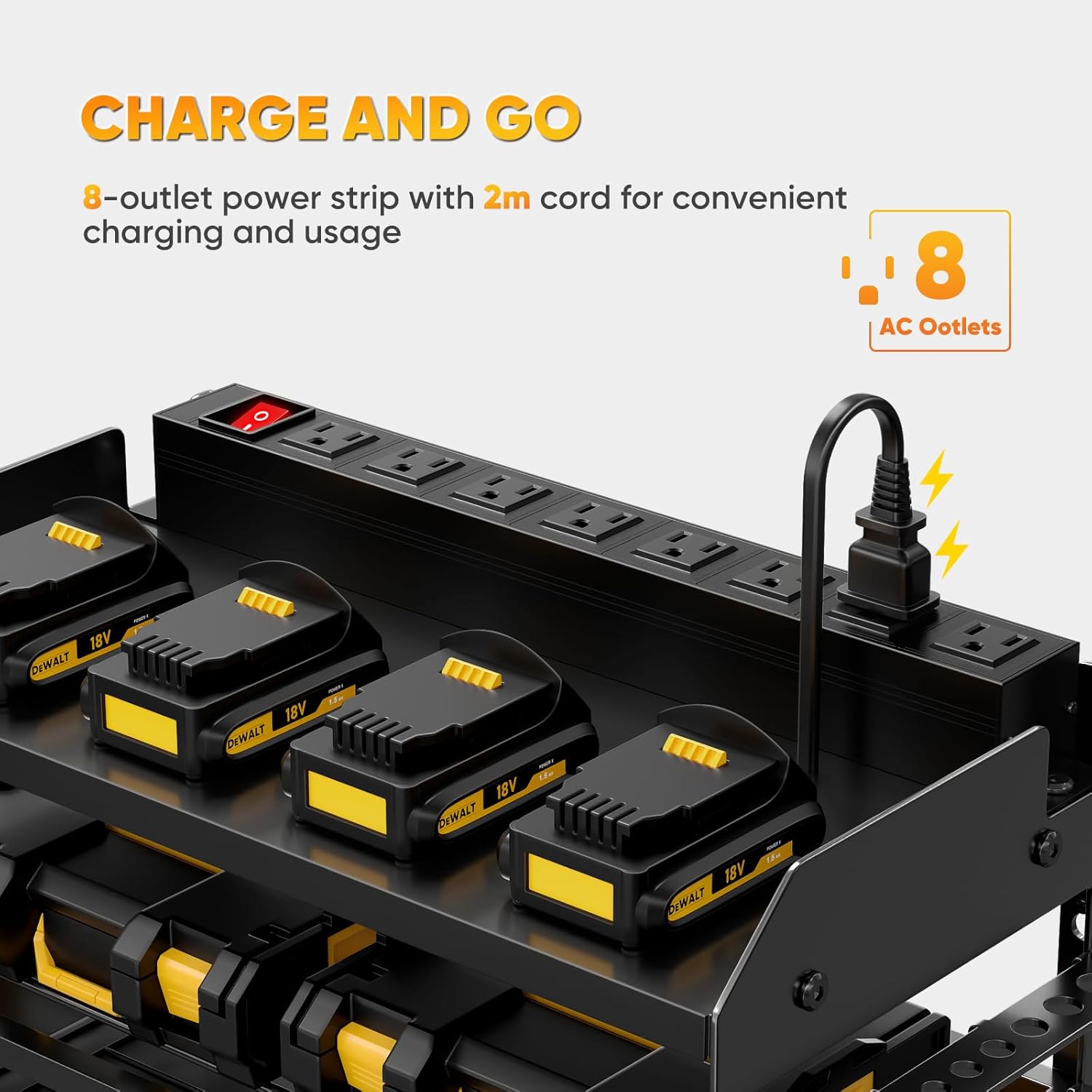 Power Tool Organizer Wall Mount with Charging Station,Tool Storage Rack with 8 Outlet Power Strip,Heavy Duty Metal