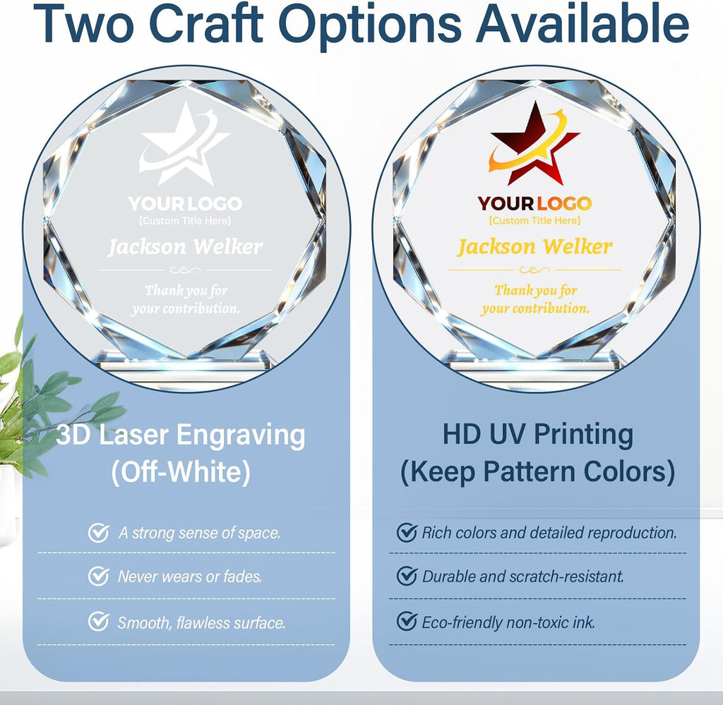 Custom Crystal Trophy Award, Custom Plaque Personalized Engraved with Logo Text, Employee Appreciation Gifts Bulk